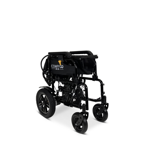 Remote controlled electric wheelchair with automatic recline and joystick controlled independent automatic lifting leg rests that can work together or independently of each other. Wireless remote control. Airline & cruise approved.