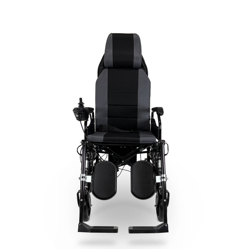 Remote controlled electric wheelchair with automatic recline and joystick controlled independent automatic lifting leg rests that can work together or independently of each other. Wireless remote control. Airline & cruise approved.